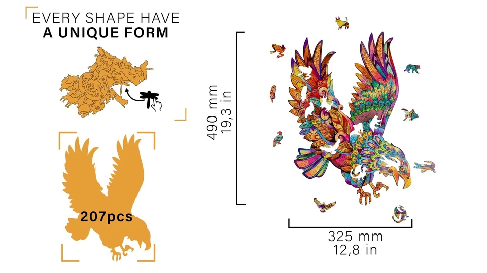 WOODVIO - Puzzle in legno per adulti e bambini - Aquila, 207 pezzi (49 x 33 cm) - Immagine 3 di 4