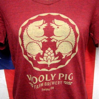 WOOLY PIG Farm Brewery lrg tee Ohio V-neck T shirt Fresno logo Columbus beer OG