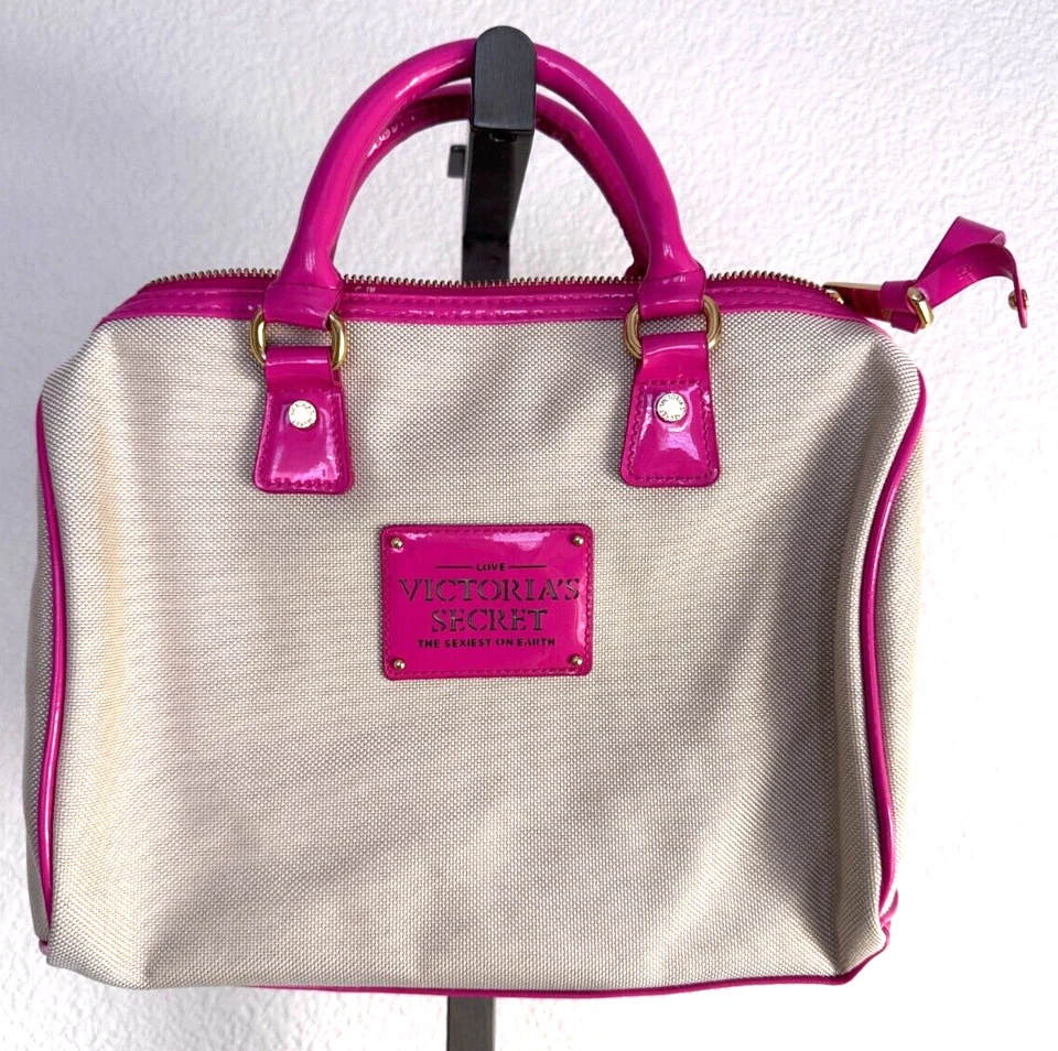 Victoria's Secret Bag Tote Purse Red Love Ed. Cream Canvas Pink Patent Leather - Image 2 of 4