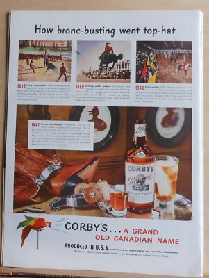 1947 magazine ad for Corby's Whiskey - Bronco Busting Goes ''Top Hat'