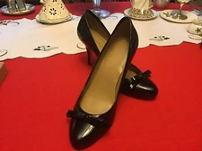 TALBOTS Black Patent Leather Dainty Bows CLASSIC  PUMPS STILETTO HEELS  7 B MED