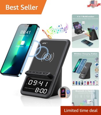 Stylish Black Bluetooth Speaker Alarm Clock & Wireless Charger for All Phones