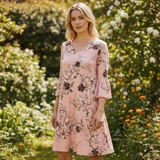 New Directions PL Pink Cherry Blossom 3/4 Bell Sleeve Feminine Travel Dress New