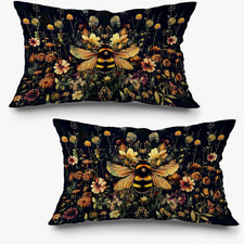 Vintage Moody Floral Bumblebee Pillow Covers 12x20 Set of 2, Dark Cottagecore Bo