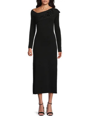 kay unger asymmetrical dress Kay Unger Women's Asymmetric Beaded Midi-Dress - Black