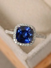 Royal Blue Square Cubic Zirconia Halo Ring For Women Size 5 6 7 8 9 10 11