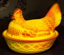 Vintage Large UV Reactive Yellow Amberina Glass Hen On Basket Nest GLOWS!