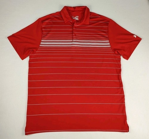 Under Armour Koszulka polo Męska XL Luźny Heat Gear Krótki rękaw Czerwony w paski Golf  - Zdjęcie 1 z 9