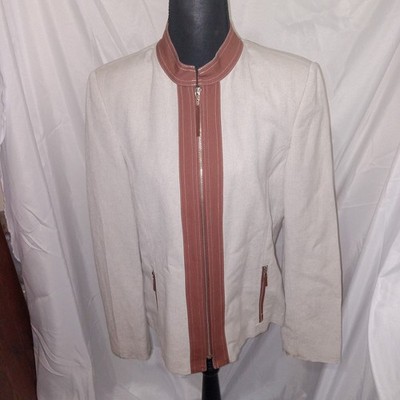 Harve Benard Linen Blend Jacket Womens 10 Beige Brown Leather Trim Y2K Moto Zip