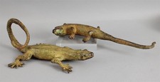 2 Antique Large Life-Sized Cold-Painted Austrian Bronze Lizard Skink Sculptures