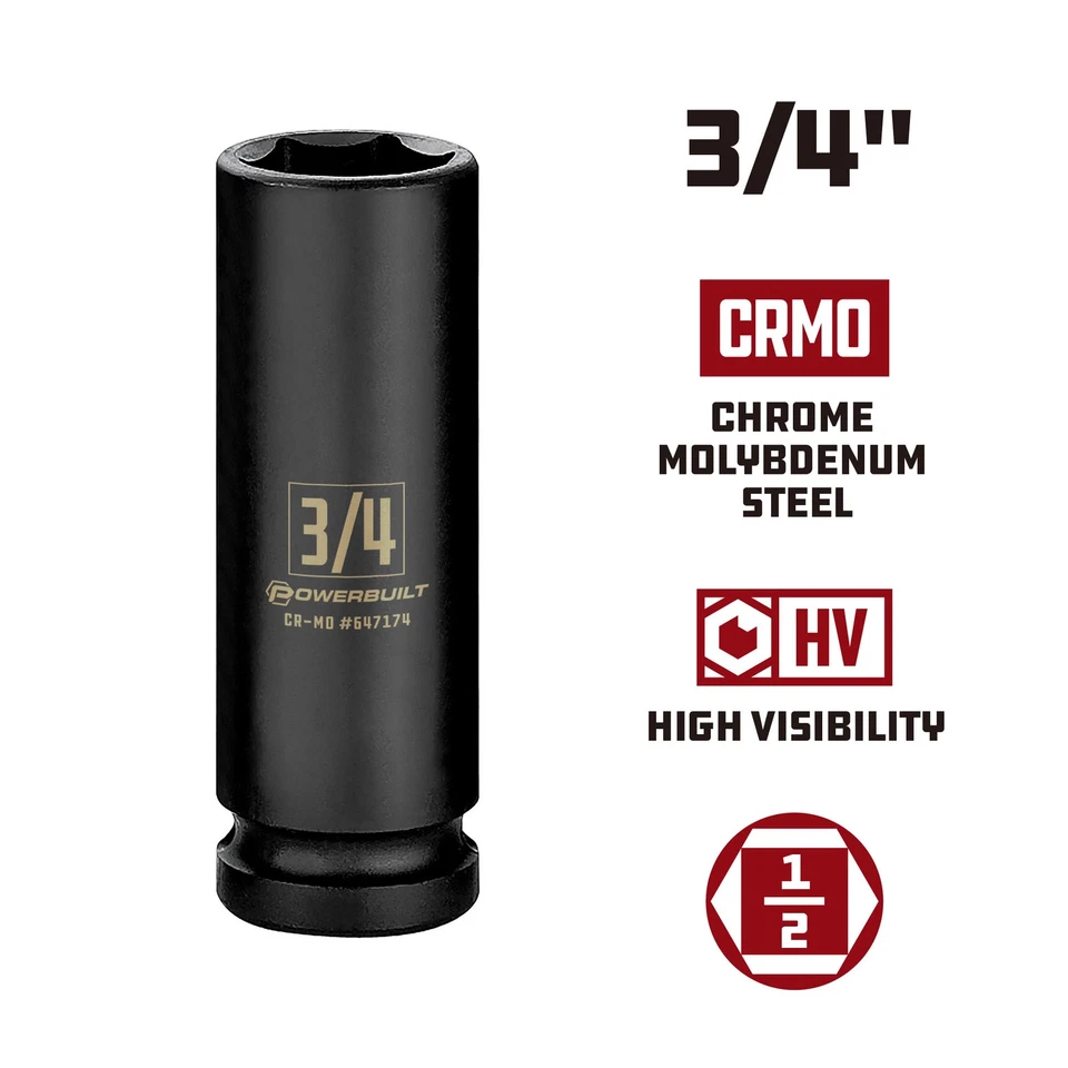 Powerbuilt 1/2 Inch Drive x 3/4 Inch 6 Point Deep Impact Socket - 647174 - Image 2 of 4