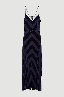 KAREN MILLEN FRINGED VELVET DEVORE WOVEN NAVY BLUE MAXI DRESS SIZE 8 | eBay  UK