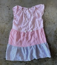LOFT Swing Dress Size Large Multi Striped Tiered Linen Blend Babydoll Tasseled