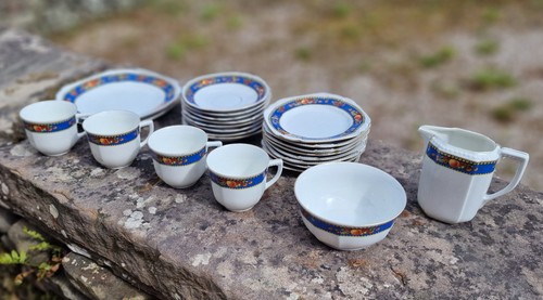 Vintage 1930s ME Bavaria Porcelain 24 Piece Tea Set Cobalt Blue Fruit Border (photo 2)