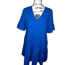 FANCYINN Blue Tiered Babydoll Dress V-Neck Ruffle Sleeve Medium NEW