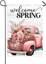 Welcome Spring Pink Truck Garden Flag for outside 12X18 Inch Double Sided Vintag