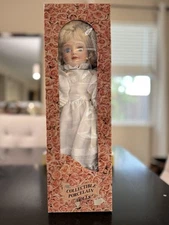 Collectible Porcelain Doll in Original Box Blonde in White Dress –Vintage Style