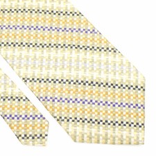 Metropolitan Lord & Taylor Yellow Blue Striped Check Woven Silk Tie Made In USA