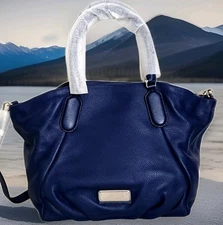 🌞MARC JACOBS NEW Q FRAN DARK BLUE ITALIAN LEATHER LARGE SHOULDER TOTE BAG🌺NWT!