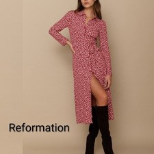 $198 Reformation Brighton Button Down Shirt Dress Red Burgundy White floral sz S