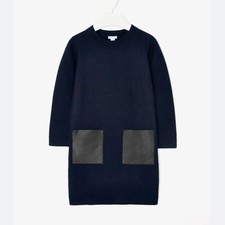 COS oversized navy blue mini dress sweater w black faux leather pockets sz M