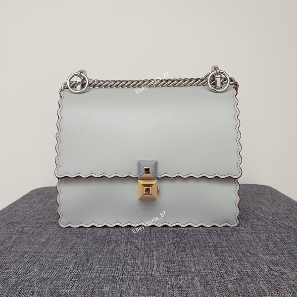 Fendi Kan I Flap Bag Shoulder Crossbody Grey with Silver & Gold Hardware