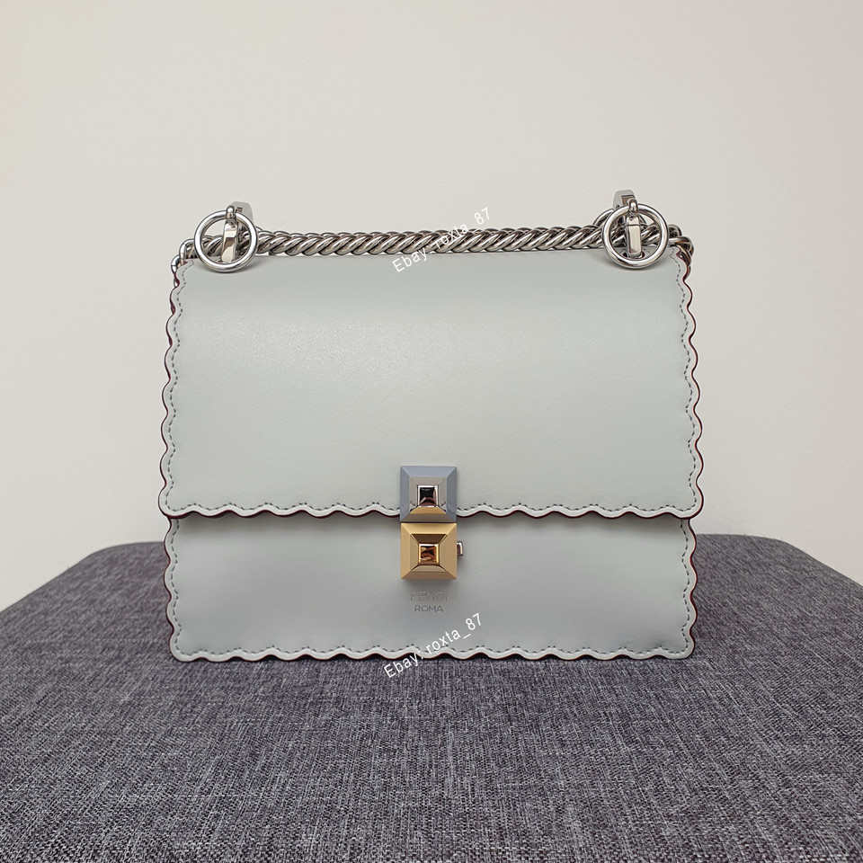 Fendi Kan I Flap Bag Shoulder Crossbody Grey with Silver & Gold Hardware