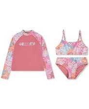 Hurley 3-Piece Rashguard Set Girls 8 Sunset Coral Tropical Swimwear GBO1354