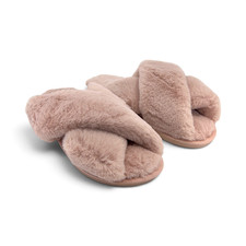 Women's Fuzzy Cross Band House Slippers Open Toe Faux Fur Beige Pink Size 9