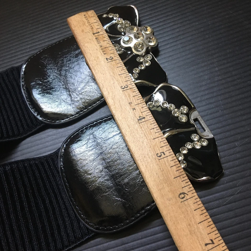 Cinturón elástico negro cintura elástica cincha con estrás esmalte flor hebilla 41"L Foto 4 de 4