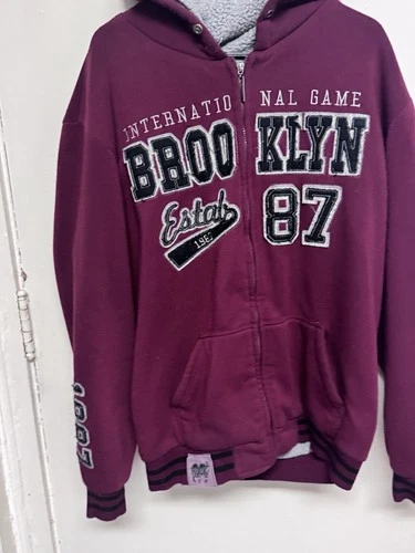 “Brooklyn International Game 1987”, Burgundy Full Zip Fleece Hoodie XL Men’s  - product listing photo