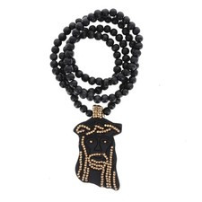 Large Wooden Jesus Face Pendant Necklace, 10mm 34" Black Wooden Chain