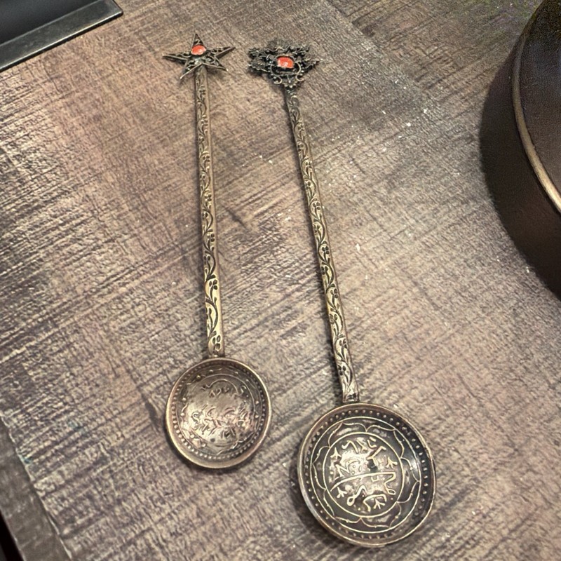 Antique Muslim Moghul Coin Spoon Grand tour Pairing In Brass