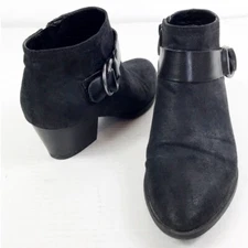 Franco Sarto Bootie Women 6.5 Black Faux Suede Chunky Heel Zip Silver Hardware