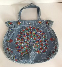 Vtg Beaded Peacock Boho Handbag Purse Shopping Tote