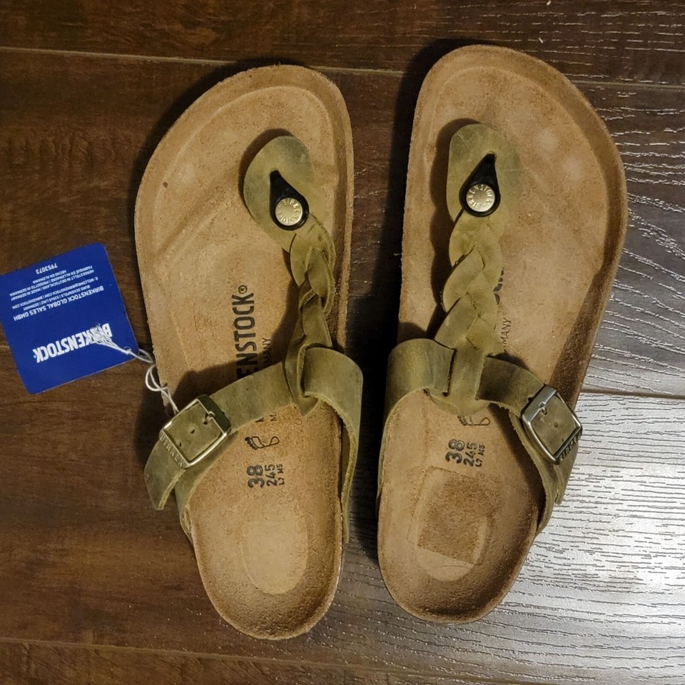 Birkenstock Gizeh Braid Sandals Womens 38 7/7.5 Olive Green Leather New