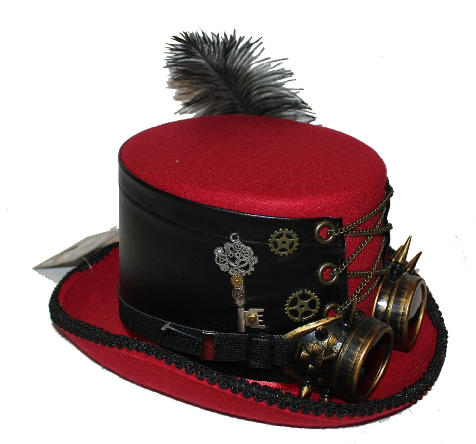 Sombrero de copa Steampunk Steampunk de terciopelo de lujo de 5,5" de alto gafas extraíbles, engranajes y plumas Foto 2 de 3