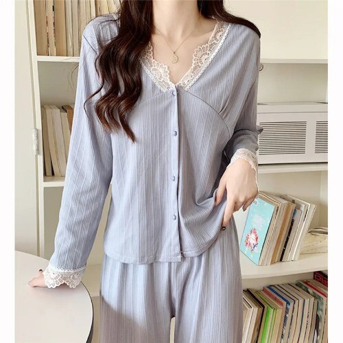 Neu Loungewear Pyjama Damen V-Ausschnitt Langarm Hose Set Spitze Baumwolle Nachtwäsche - Bild 20 von 20