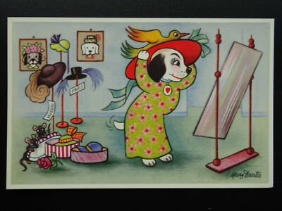 Künstler gezeichnete süße kleine gekleidete Hunde & ein neuer Hut von Mary Daester um 1920 Postkarte