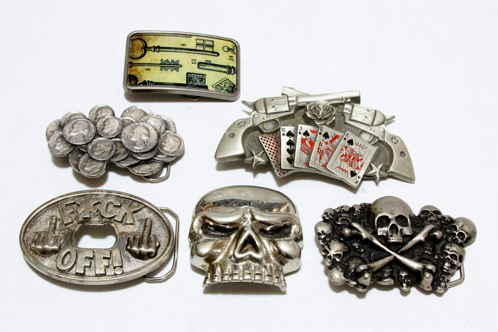6 Vintage Assorted Metal Pewter Novelty Belt Buckles … Gem