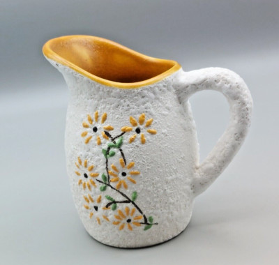 Vintage Studio Art Pottery 4'' Cream Pitcher Hand Painted Yellow Daisies on White