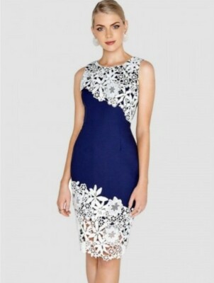 Paper Dolls Women Contrast Crochet Lace Dress Navy/White UK10 - Main Image