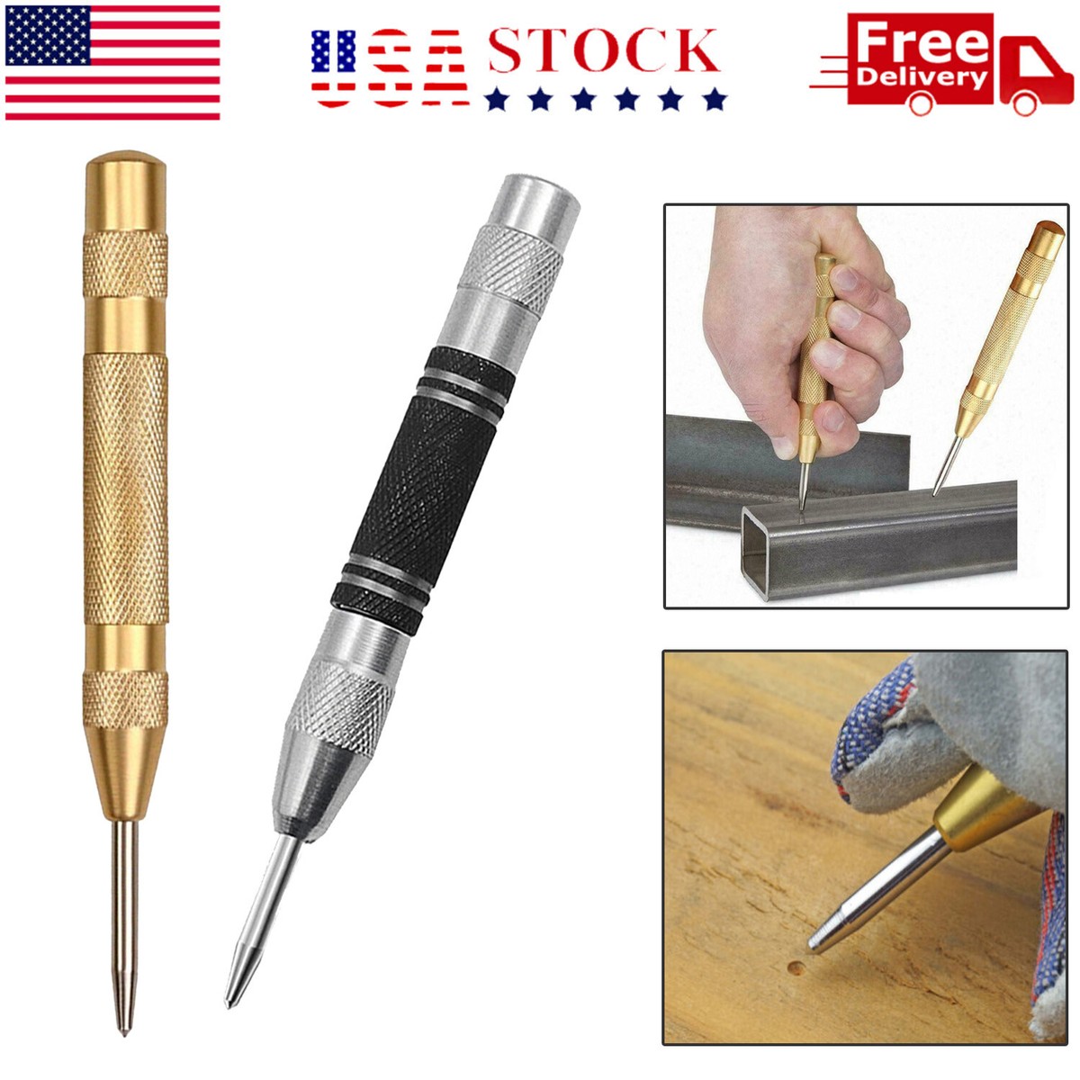 2PC Automatic Center Punch Strikes Surface Hammer Spring Loaded