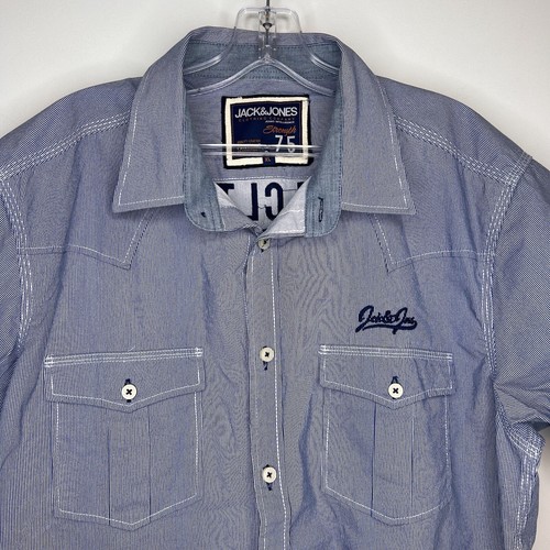 Jack & Jones Shirt XL Blue Striped Embroidered Short Sleeve Cotton Denim Cloth - Picture 3 of 11