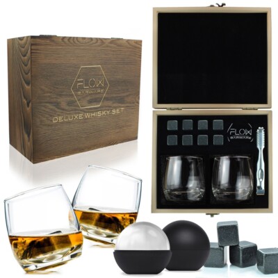 Schaukel Whisky Gläser, Whiskysteine, Eiskugelform, Geschenkbox & Eiszange
