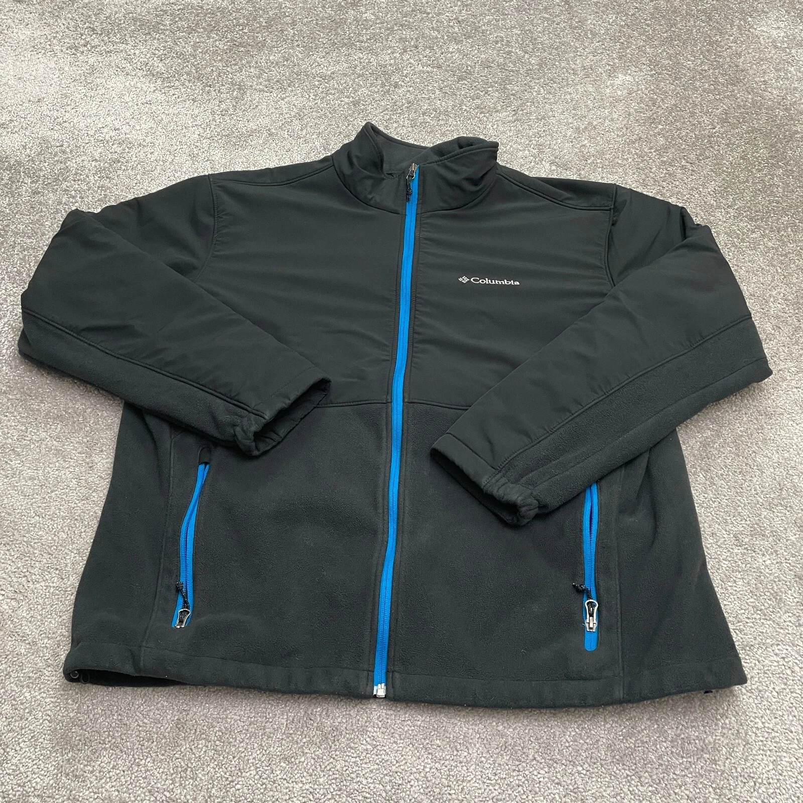 Columbia Lookout Trail Softshell Fleece Jacket Mens XL Black Blue Full Zip Hike