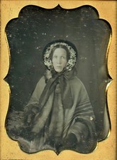 Victorian Woman in Winter Fashion Cloak, Bonnet Hat, Antique Daguerreotype Photo