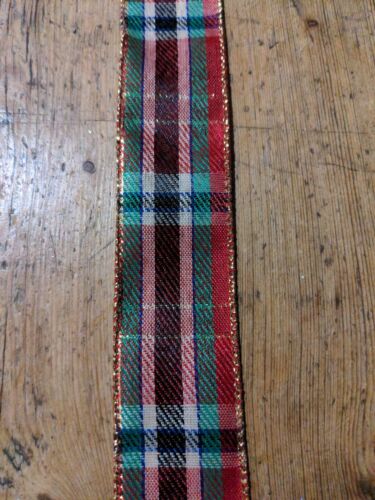 Ribbon Tartan Fabric Wire Edge Red Green Black Cream Gold 38mm Plaid Check New - Picture 1 of 4