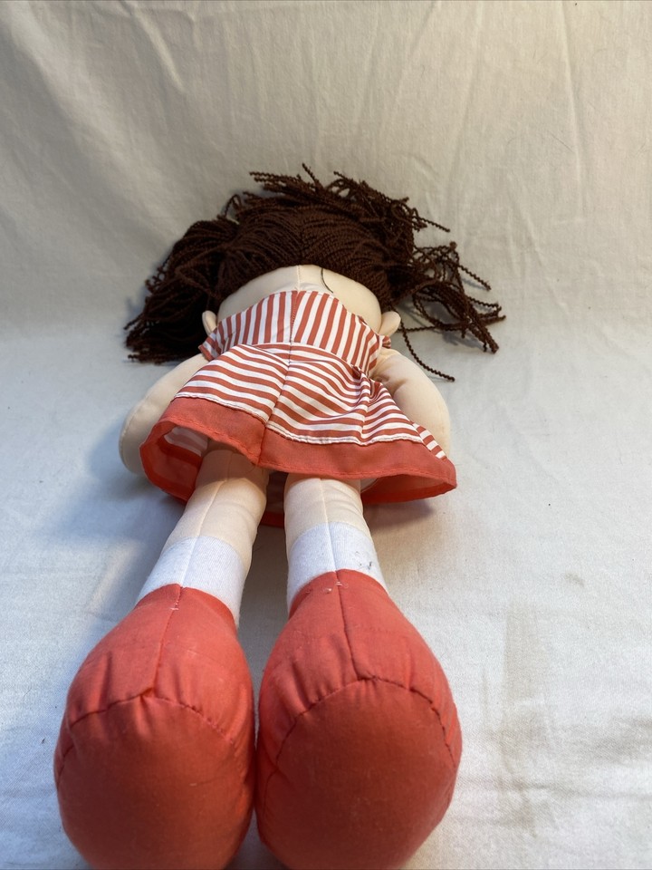 Linzy Toys Plush Doll Brown Hair Yellow Highlights Bow Coral Striped