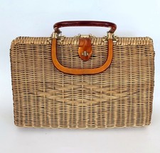 Vintage woven purse handbag wicker rattan Lucite plastic lady 1960s-70s